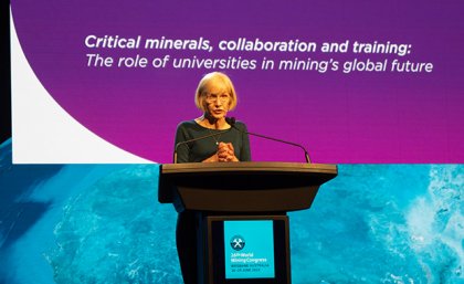 UQ Vice-Chancellor Professor Deborah Terry presents at the 2023 World Mining Congress in Brisbane.